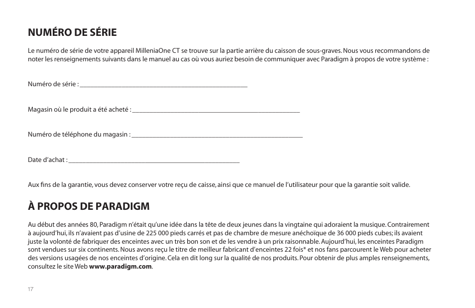 Numéro de série à propos de paradigm | Paradigm MilleniaOne CT User Manual | Page 20 / 44