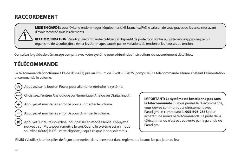 Raccordement télécommande | Paradigm MilleniaOne CT User Manual | Page 22 / 44