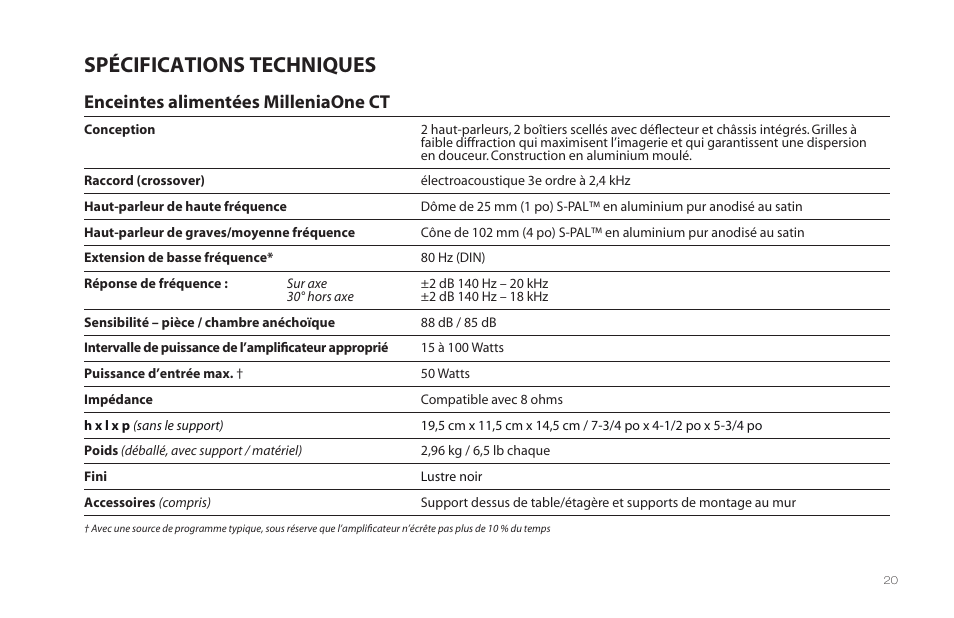 Spécifications techniques, Enceintes alimentées milleniaone ct | Paradigm MilleniaOne CT User Manual | Page 23 / 44