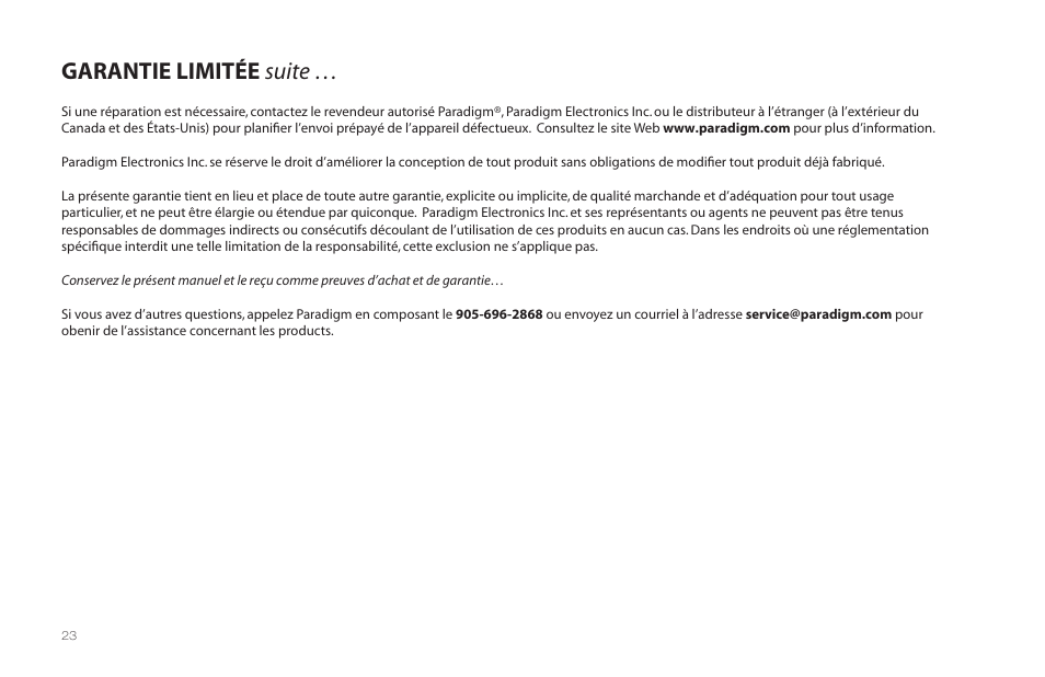 Garantie limitée suite | Paradigm MilleniaOne CT User Manual | Page 26 / 44
