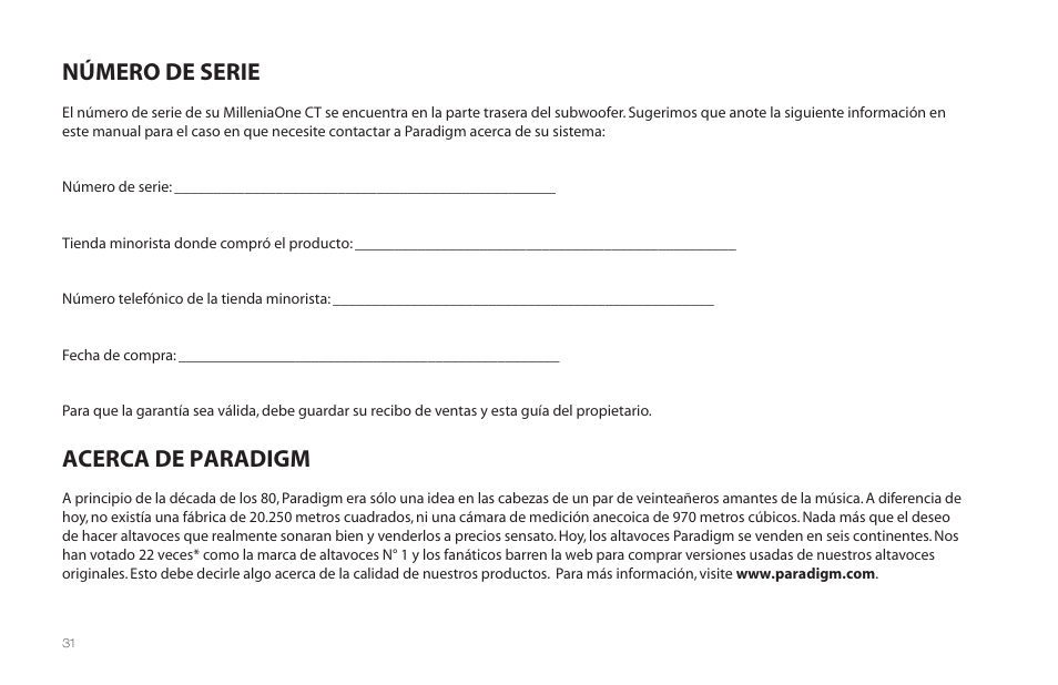 Número de serie, Acerca de paradigm | Paradigm MilleniaOne CT User Manual | Page 34 / 44
