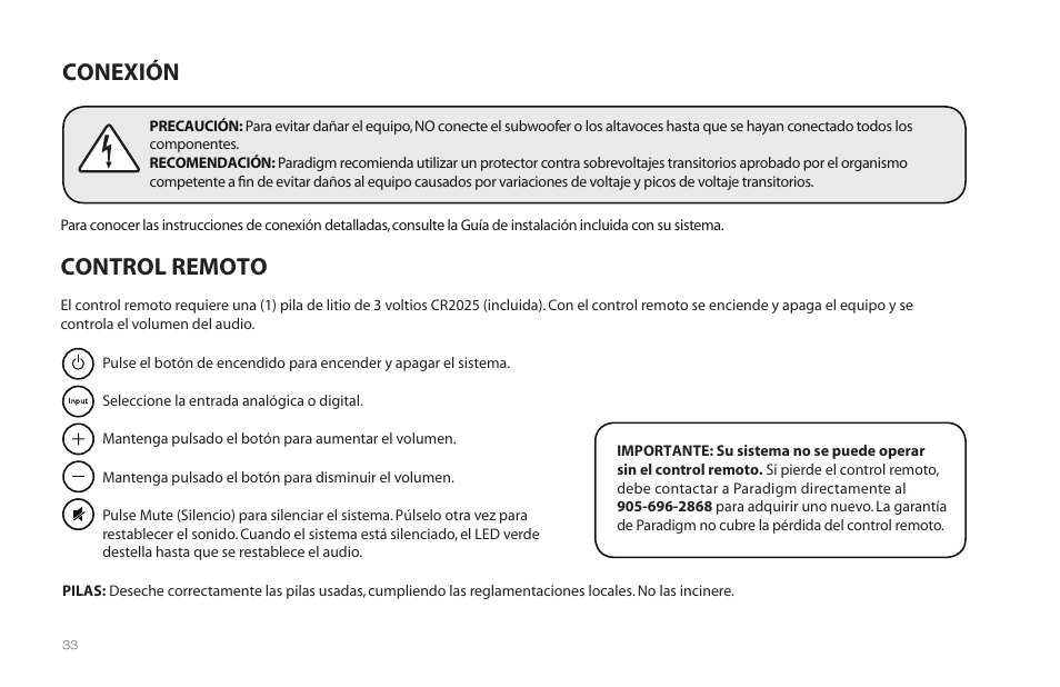 Conexión control remoto | Paradigm MilleniaOne CT User Manual | Page 36 / 44