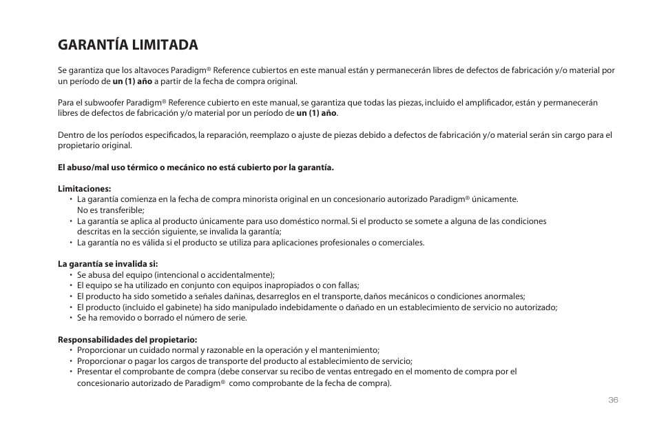 Garantía limitada | Paradigm MilleniaOne CT User Manual | Page 39 / 44