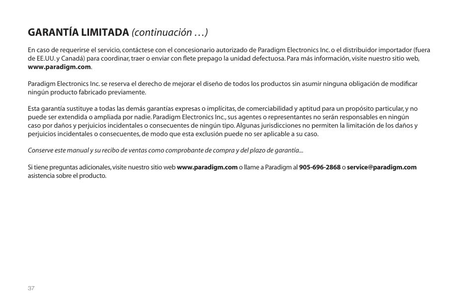 Garantía limitada (continuación …) | Paradigm MilleniaOne CT User Manual | Page 40 / 44