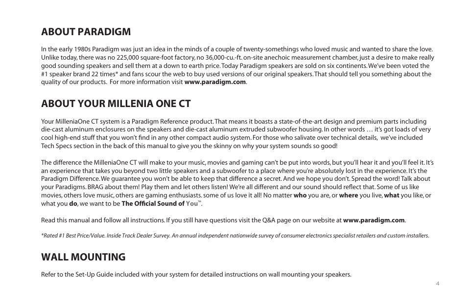 About paradigm wall mounting, About your millenia one ct | Paradigm MilleniaOne CT User Manual | Page 7 / 44