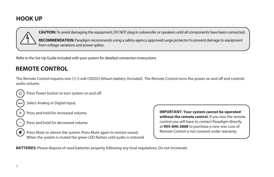 Hook up remote control | Paradigm MilleniaOne CT User Manual | Page 8 / 44