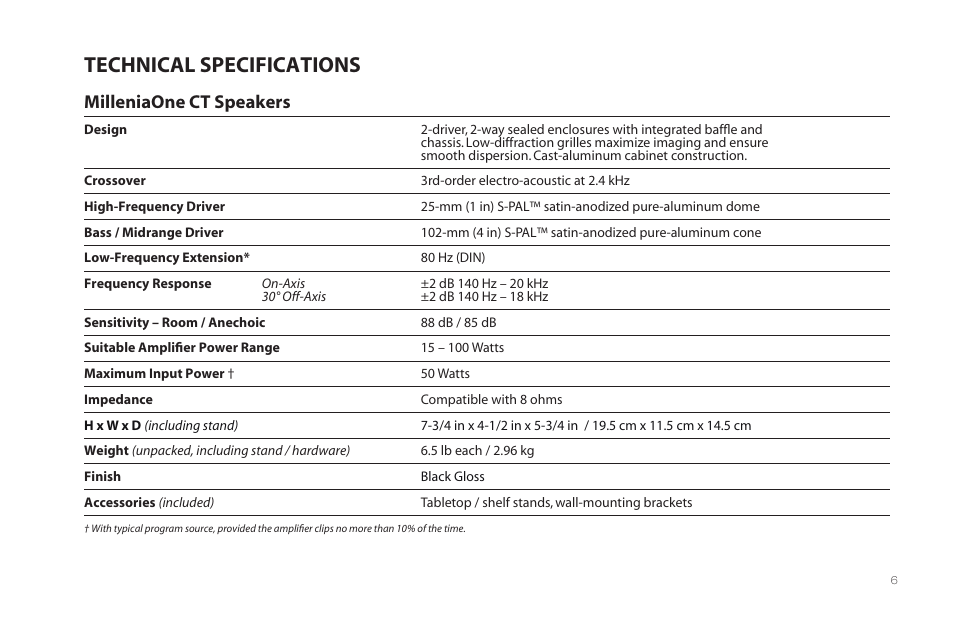 Technical specifications, Milleniaone ct speakers | Paradigm MilleniaOne CT User Manual | Page 9 / 44