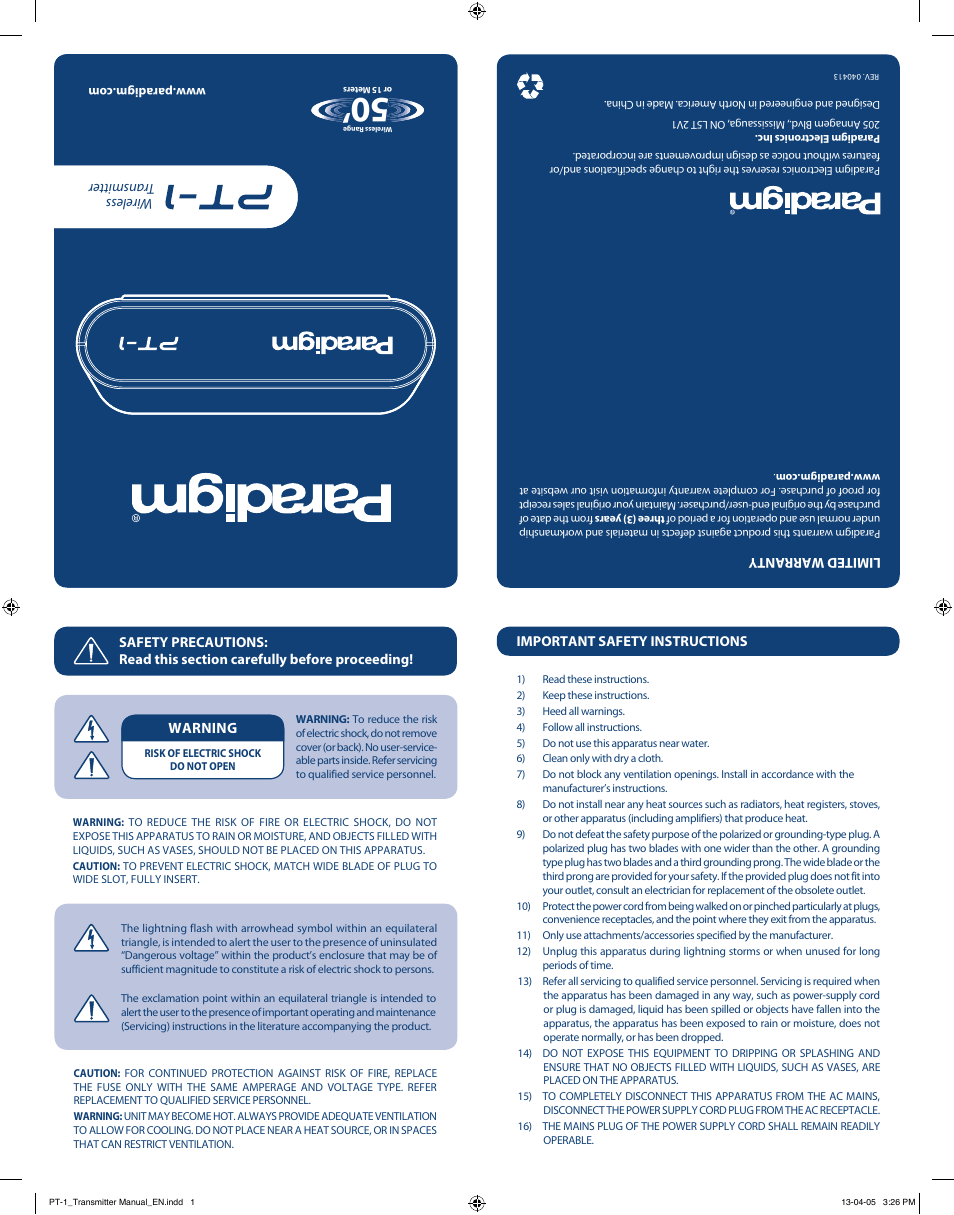 Paradigm PT-1 Wireless Transmitter User Manual | 2 pages