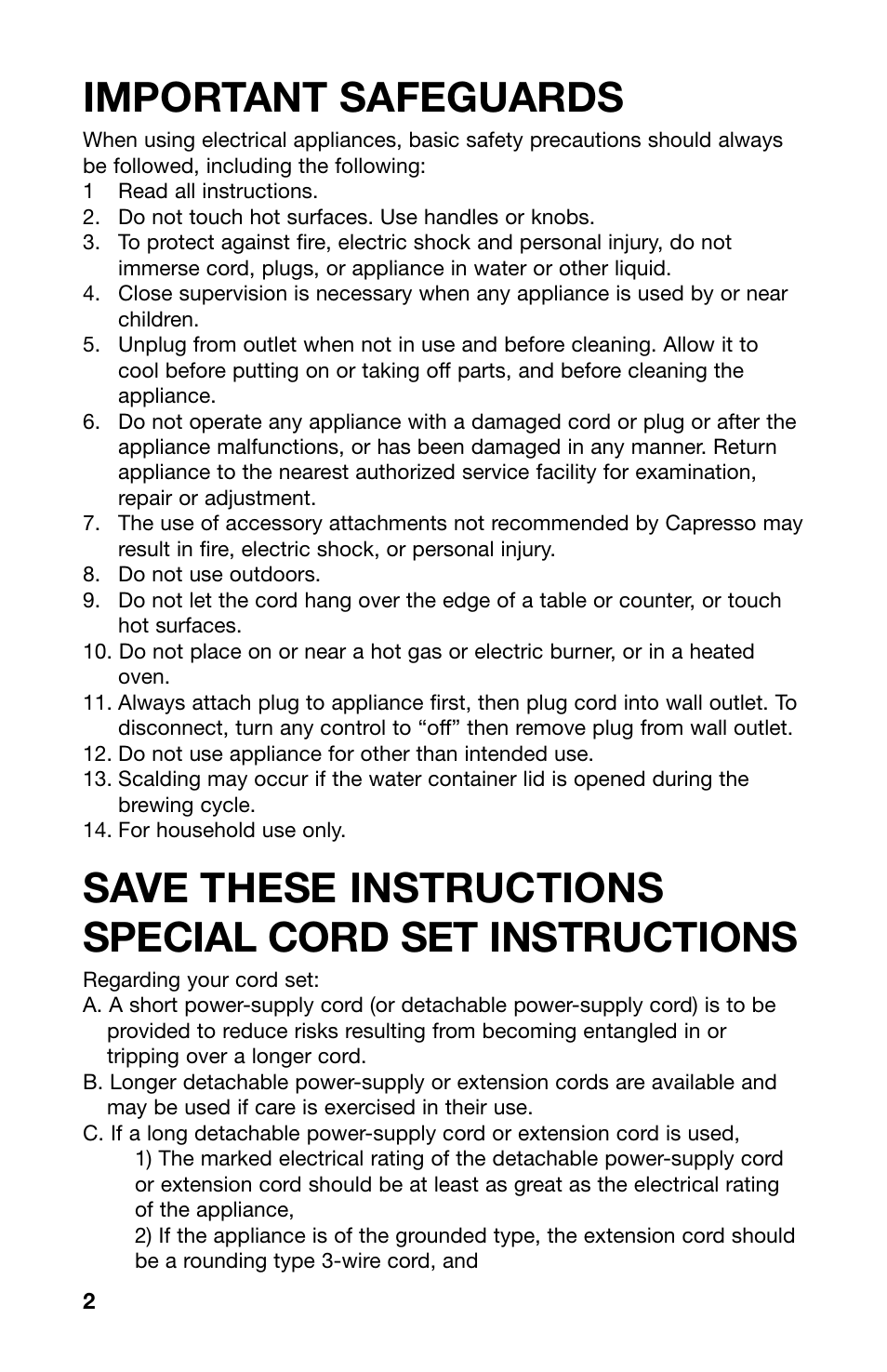 Important safeguards | Capresso CM200 User Manual | Page 2 / 11