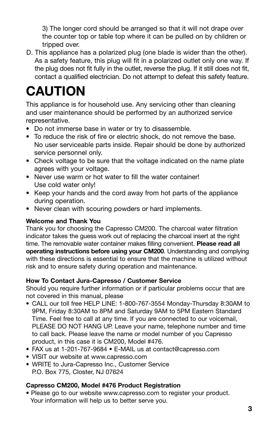 Caution | Capresso CM200 User Manual | Page 3 / 11