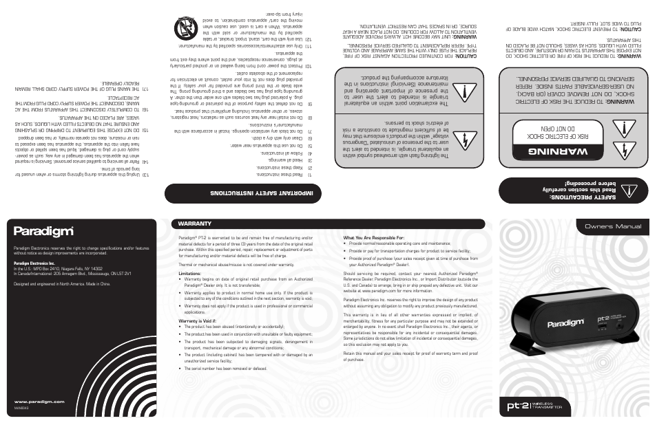 Paradigm PT-2 Wireless Transmitter User Manual | 2 pages