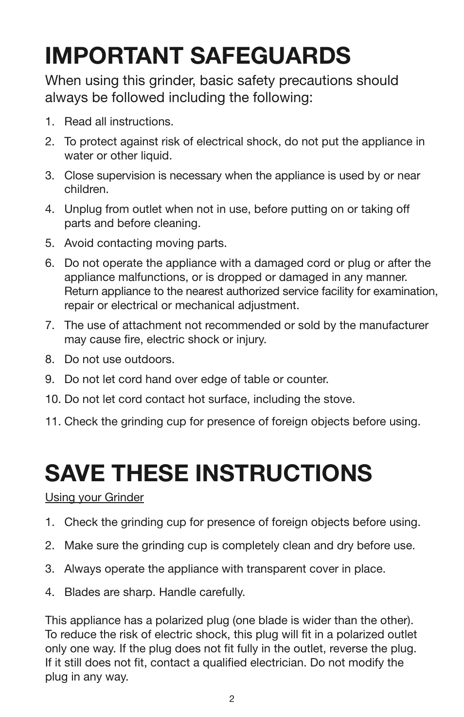 Important safeguards, Save these instructions | Capresso COOL GRIND 501 User Manual | Page 2 / 4