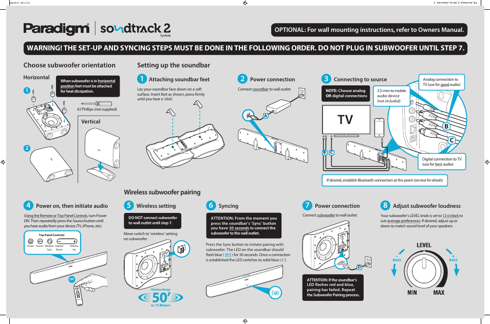 Attaching soundbar feet vertical horizontal, Power connection, Connecting to source | Power on, then initiate audio | Paradigm Soundtrack 2 System User Manual | Page 2 / 2
