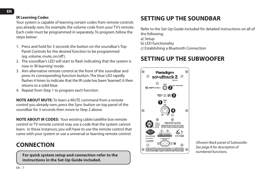 Connection, Setting up the soundbar, Setting up the subwoofer | Paradigm Soundtrack 2 System User Manual | Page 10 / 44
