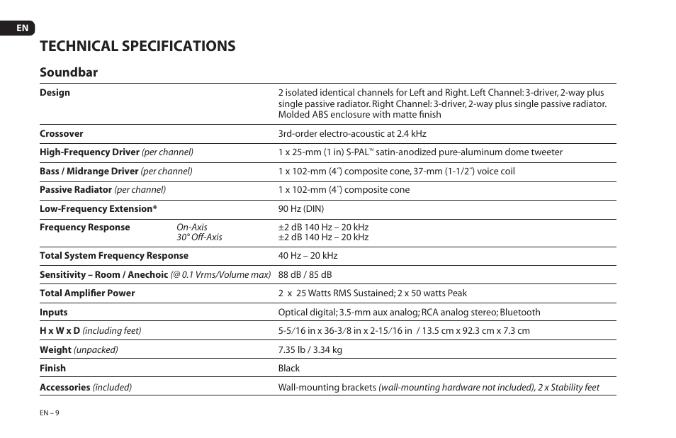 Technical specifications, Soundbar | Paradigm Soundtrack 2 System User Manual | Page 12 / 44