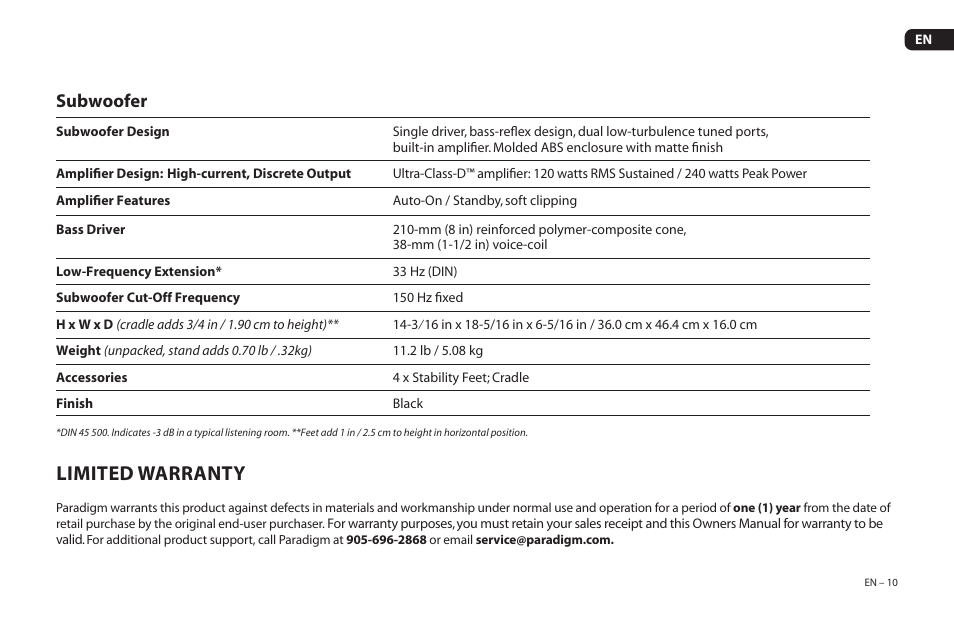 Limited warranty, Subwoofer | Paradigm Soundtrack 2 System User Manual | Page 13 / 44