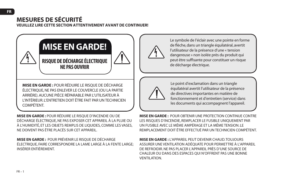 Mise en garde, Mesures de sécurité, Risque de décharge électrique ne pas ouvrir | Paradigm Soundtrack 2 System User Manual | Page 18 / 44