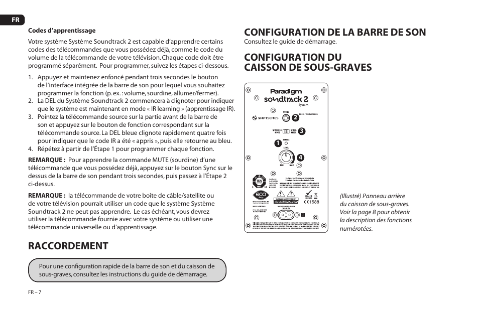 Raccordement, Configuration de la barre de son, Configuration du caisson de sous-graves | Paradigm Soundtrack 2 System User Manual | Page 24 / 44