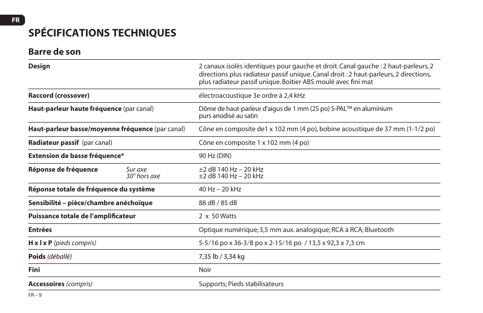 Spécifications techniques, Barre de son | Paradigm Soundtrack 2 System User Manual | Page 26 / 44