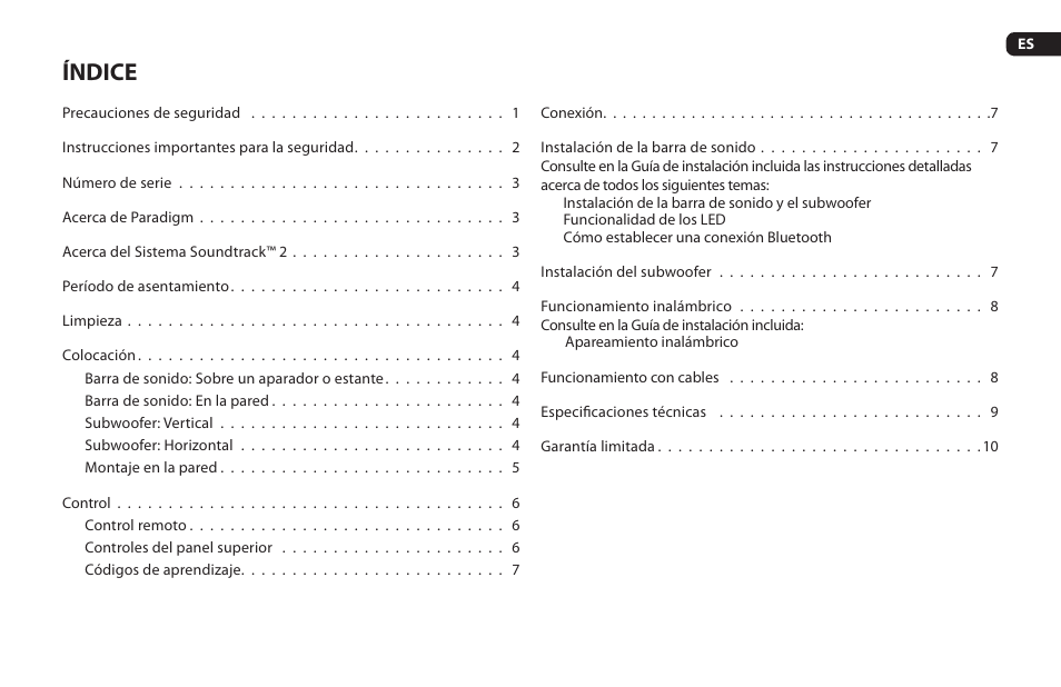 Índice | Paradigm Soundtrack 2 System User Manual | Page 31 / 44
