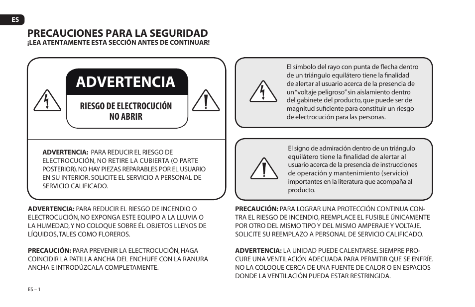 Advertencia, Precauciones para la seguridad, Riesgo de electrocución no abrir | Paradigm Soundtrack 2 System User Manual | Page 32 / 44