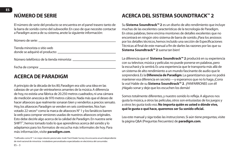 Número de serie, Acerca de paradigm, Acerca del sistema soundtrack | Paradigm Soundtrack 2 System User Manual | Page 34 / 44