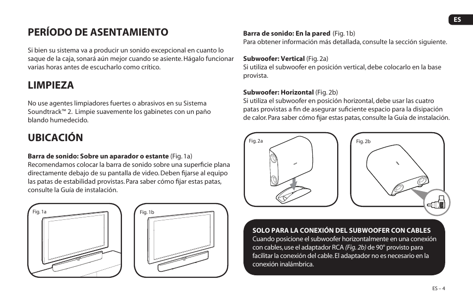 Período de asentamiento, Limpieza, Ubicación | Paradigm Soundtrack 2 System User Manual | Page 35 / 44