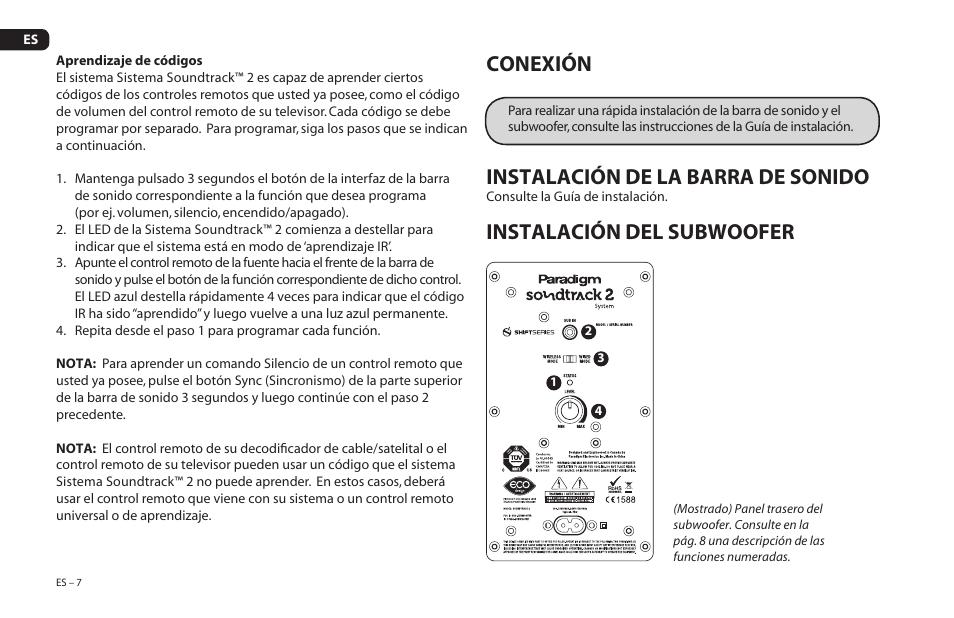 Conexión, Instalación de la barra de sonido, Instalación del subwoofer | Paradigm Soundtrack 2 System User Manual | Page 38 / 44