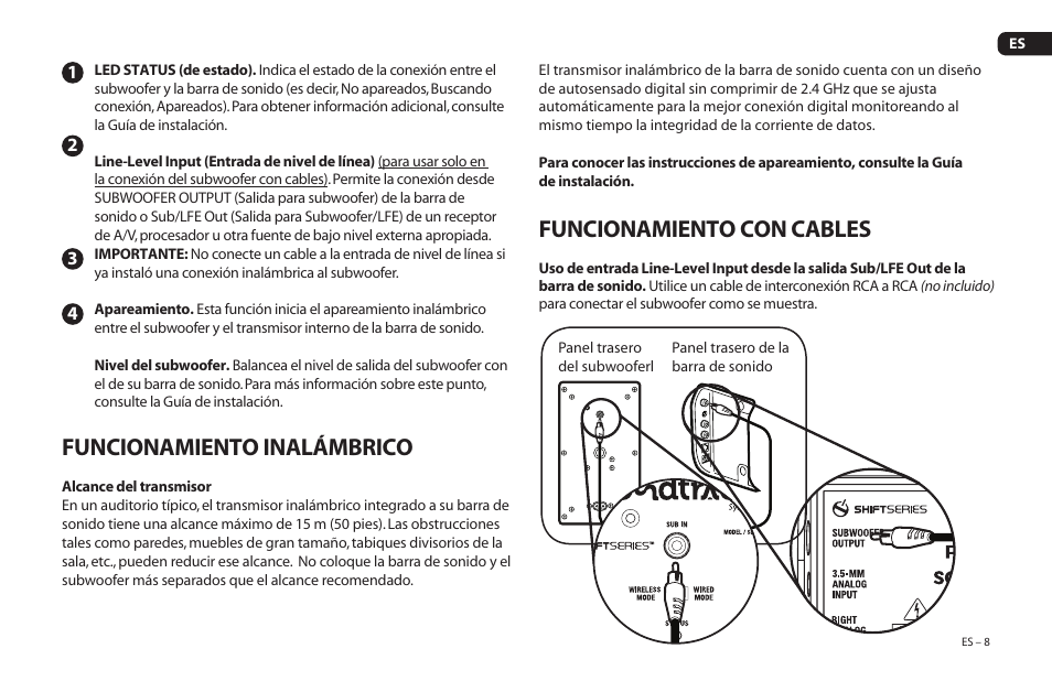 Funcionamiento inalámbrico, Funcionamiento con cables | Paradigm Soundtrack 2 System User Manual | Page 39 / 44