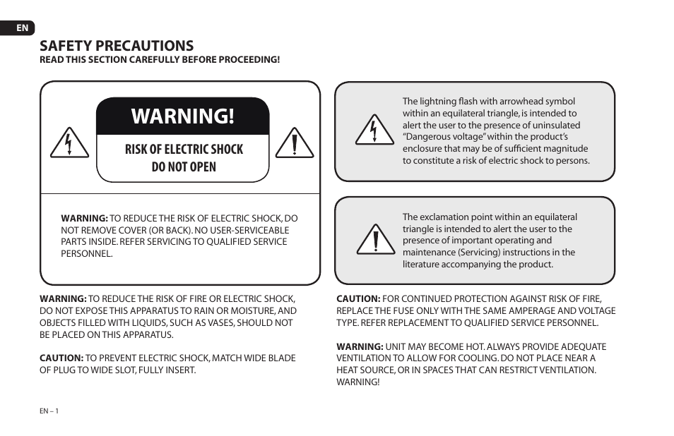 Warning, Safety precautions, Risk of electric shock do not open | Paradigm Soundtrack 2 System User Manual | Page 4 / 44