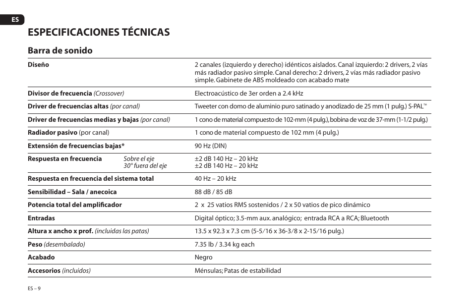 Especificaciones técnicas, Barra de sonido | Paradigm Soundtrack 2 System User Manual | Page 40 / 44
