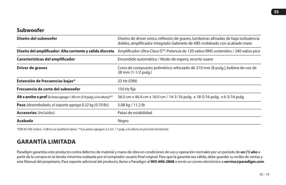 Garantía limitada, Subwoofer | Paradigm Soundtrack 2 System User Manual | Page 41 / 44