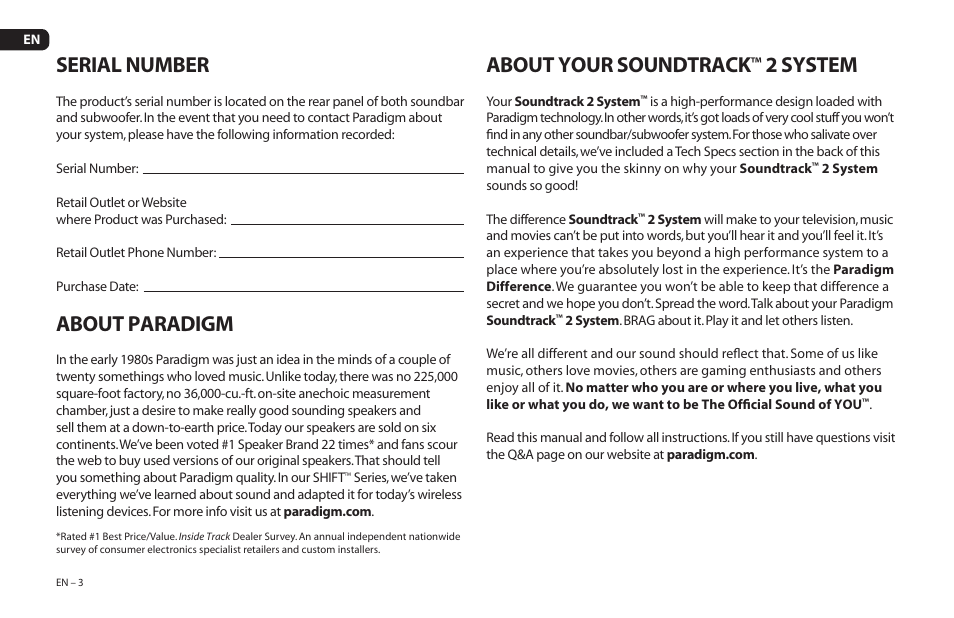 Serial number, About paradigm, About your soundtrack | 2 system | Paradigm Soundtrack 2 System User Manual | Page 6 / 44