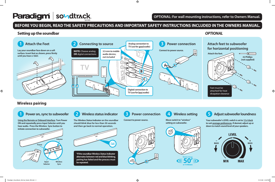 Or 15 meters, Wireless range, Yes no | Optional setting up the soundbar, Wireless pairing | Paradigm Soundtrack System User Manual | Page 2 / 2