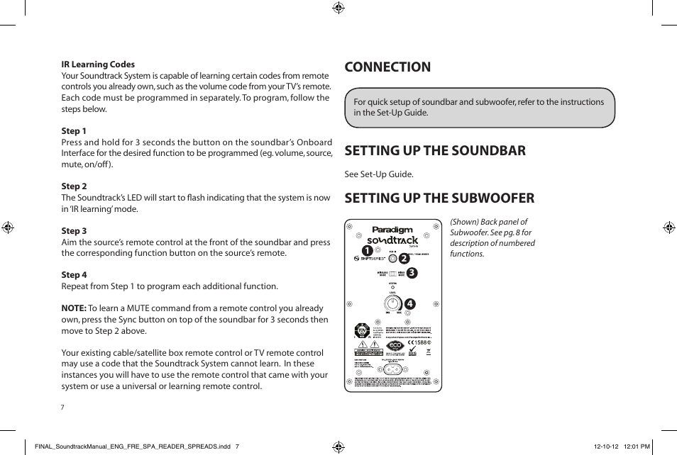 Connection, Setting up the soundbar, Setting up the subwoofer | Paradigm Soundtrack System User Manual | Page 10 / 40