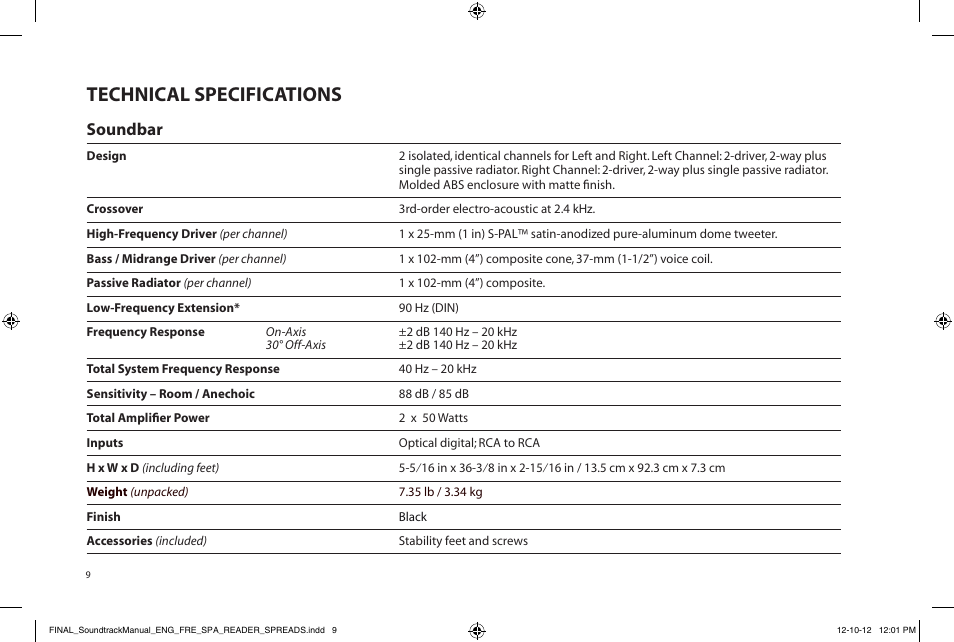 Technical specifications, Soundbar | Paradigm Soundtrack System User Manual | Page 12 / 40
