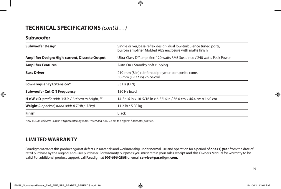 Technical specifications (cont’d …), Limited warranty, Subwoofer | Paradigm Soundtrack System User Manual | Page 13 / 40