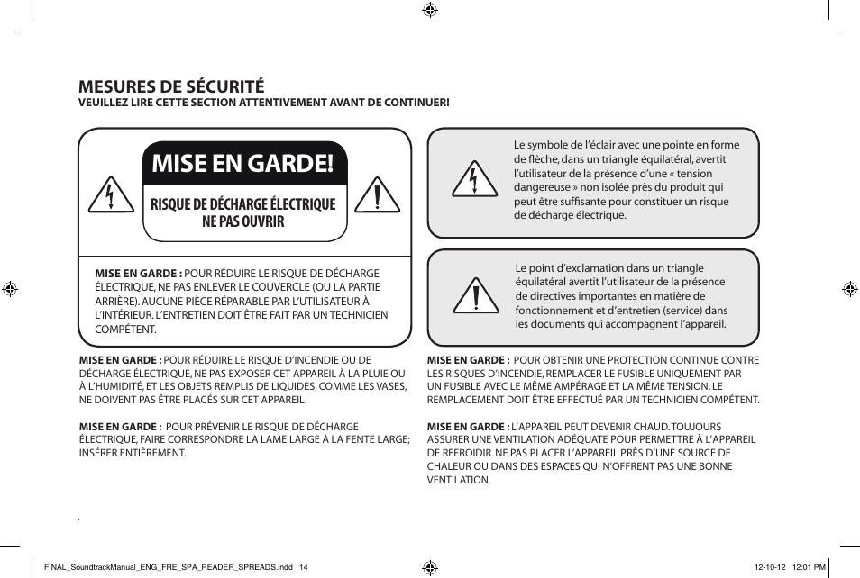 Mise en garde, Mesures de sécurité, Risque de décharge électrique ne pas ouvrir | Paradigm Soundtrack System User Manual | Page 17 / 40