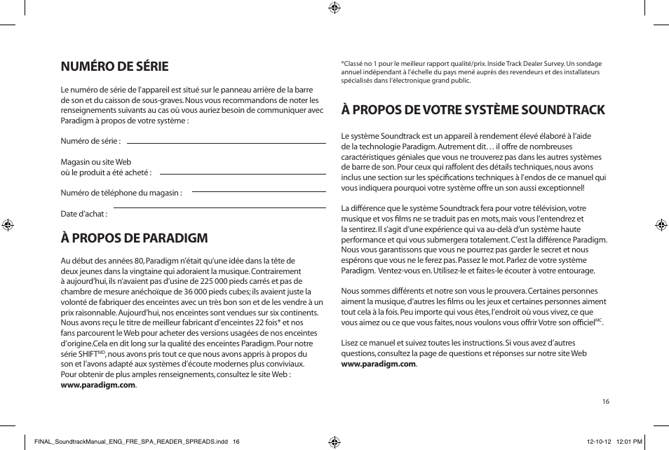 Numéro de série, À propos de paradigm, À propos de votre système soundtrack | Paradigm Soundtrack System User Manual | Page 19 / 40
