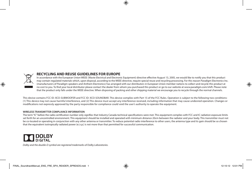 Recycling and reuse guidelines for europe | Paradigm Soundtrack System User Manual | Page 2 / 40
