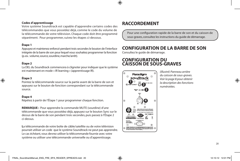 Raccordement, Configuration de la barre de son, Configuration du caisson de sous-graves | Paradigm Soundtrack System User Manual | Page 23 / 40