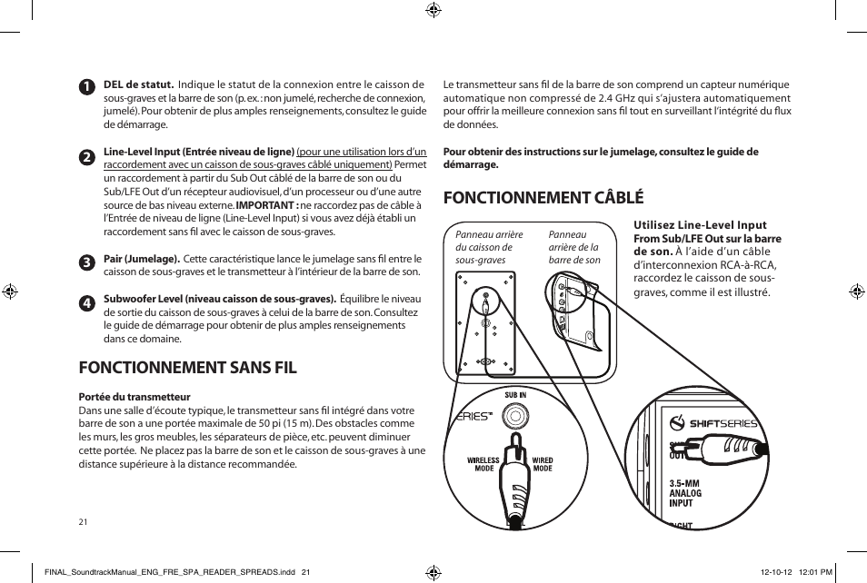 Fonctionnement sans fil, Fonctionnement câblé | Paradigm Soundtrack System User Manual | Page 24 / 40