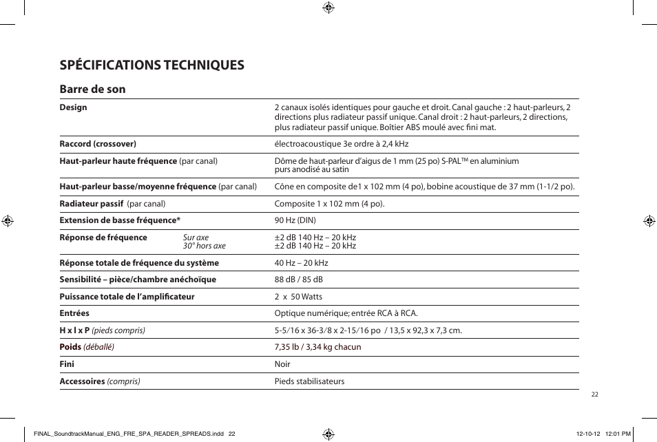 Spécifications techniques, Barre de son | Paradigm Soundtrack System User Manual | Page 25 / 40