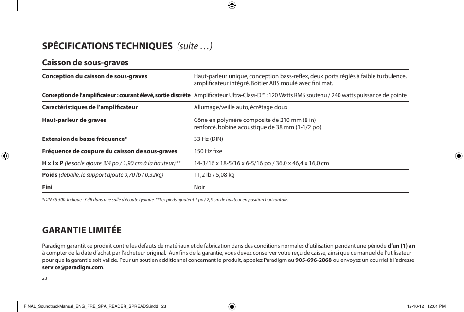 Manual del propietario, Su sonido oficial, Spécifications techniques (suite …) | Garantie limitée | Paradigm Soundtrack System User Manual | Page 26 / 40