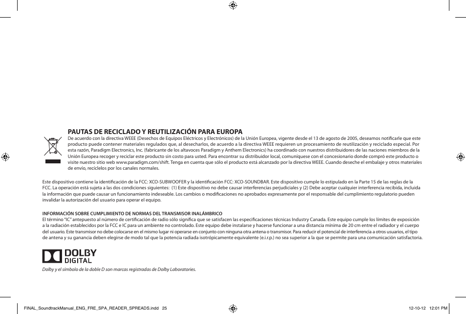 Pautas de reciclado y reutilización para europa | Paradigm Soundtrack System User Manual | Page 28 / 40