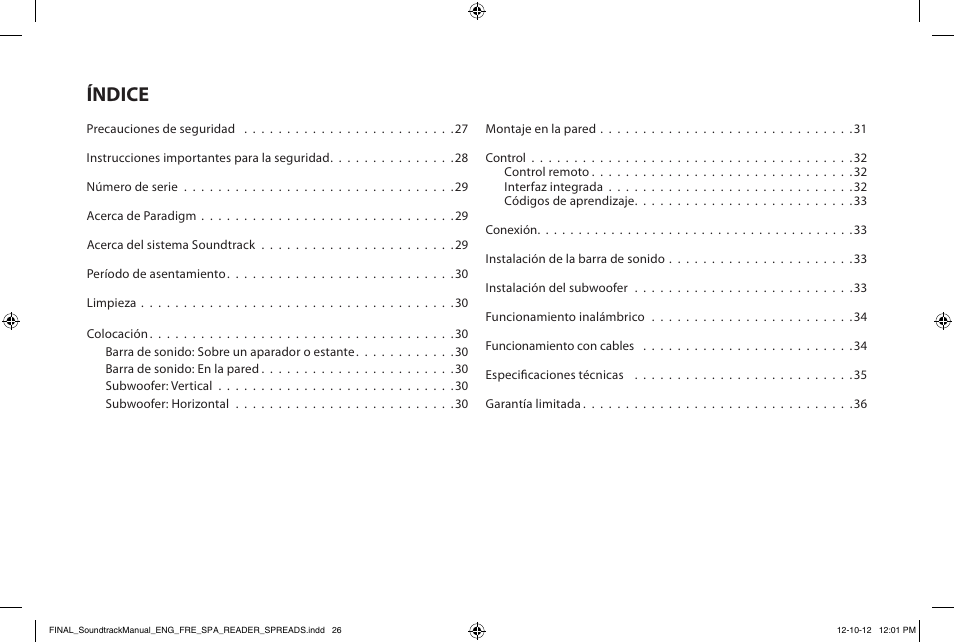 Índice | Paradigm Soundtrack System User Manual | Page 29 / 40