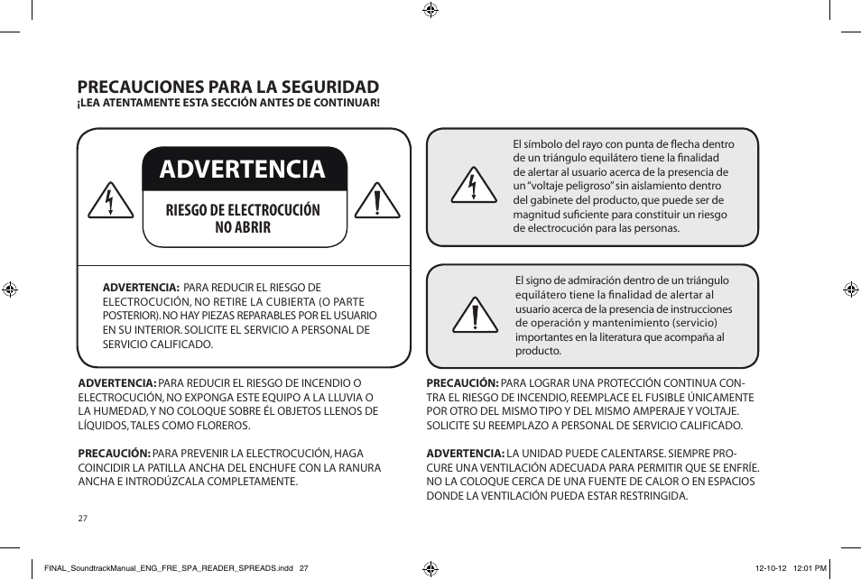 Advertencia, Precauciones para la seguridad, Riesgo de electrocución no abrir | Paradigm Soundtrack System User Manual | Page 30 / 40