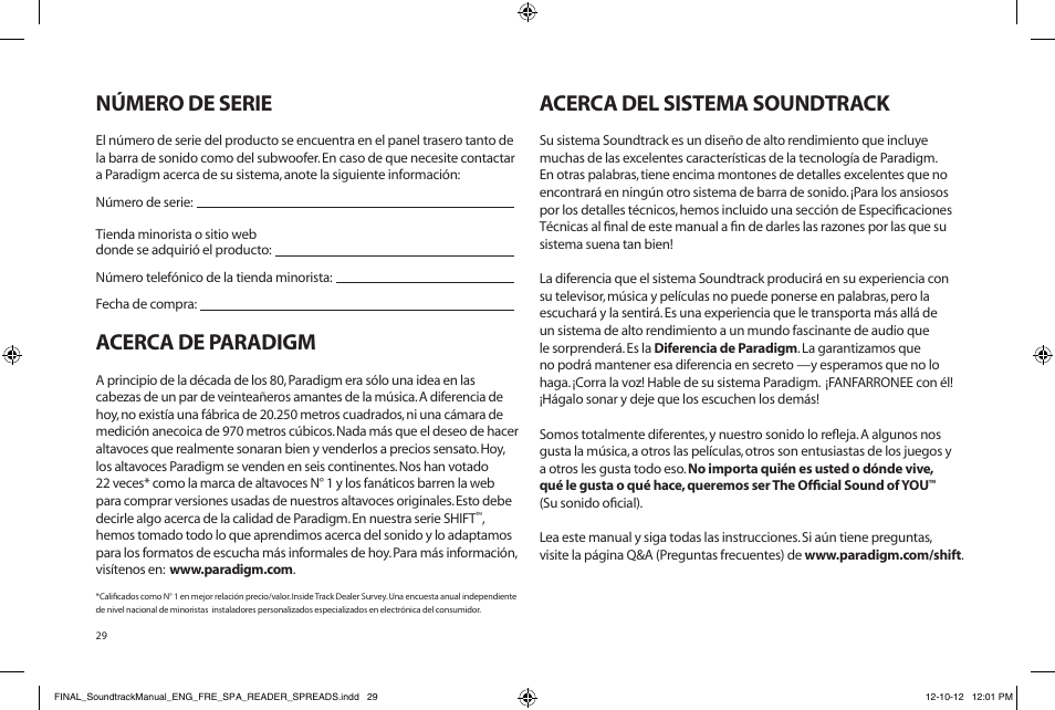 Número de serie, Acerca de paradigm, Acerca del sistema soundtrack | Paradigm Soundtrack System User Manual | Page 32 / 40