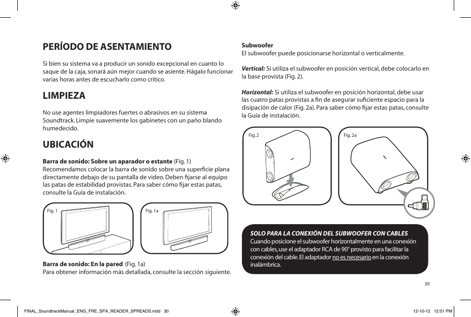 Período de asentamiento, Limpieza, Ubicación | Paradigm Soundtrack System User Manual | Page 33 / 40