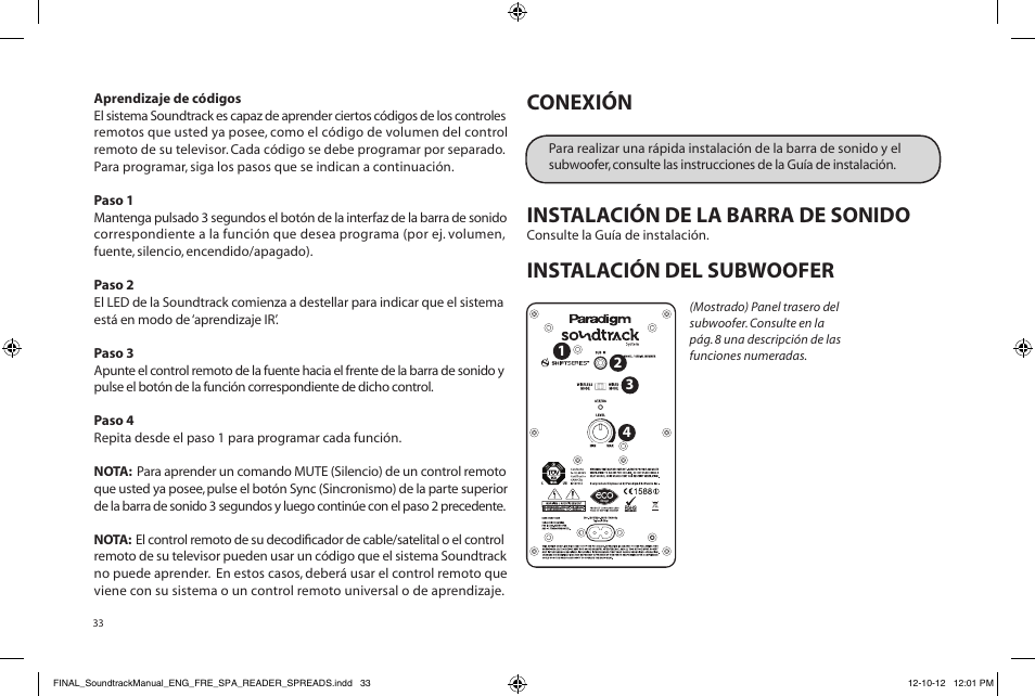 Conexión, Instalación de la barra de sonido, Instalación del subwoofer | Paradigm Soundtrack System User Manual | Page 36 / 40